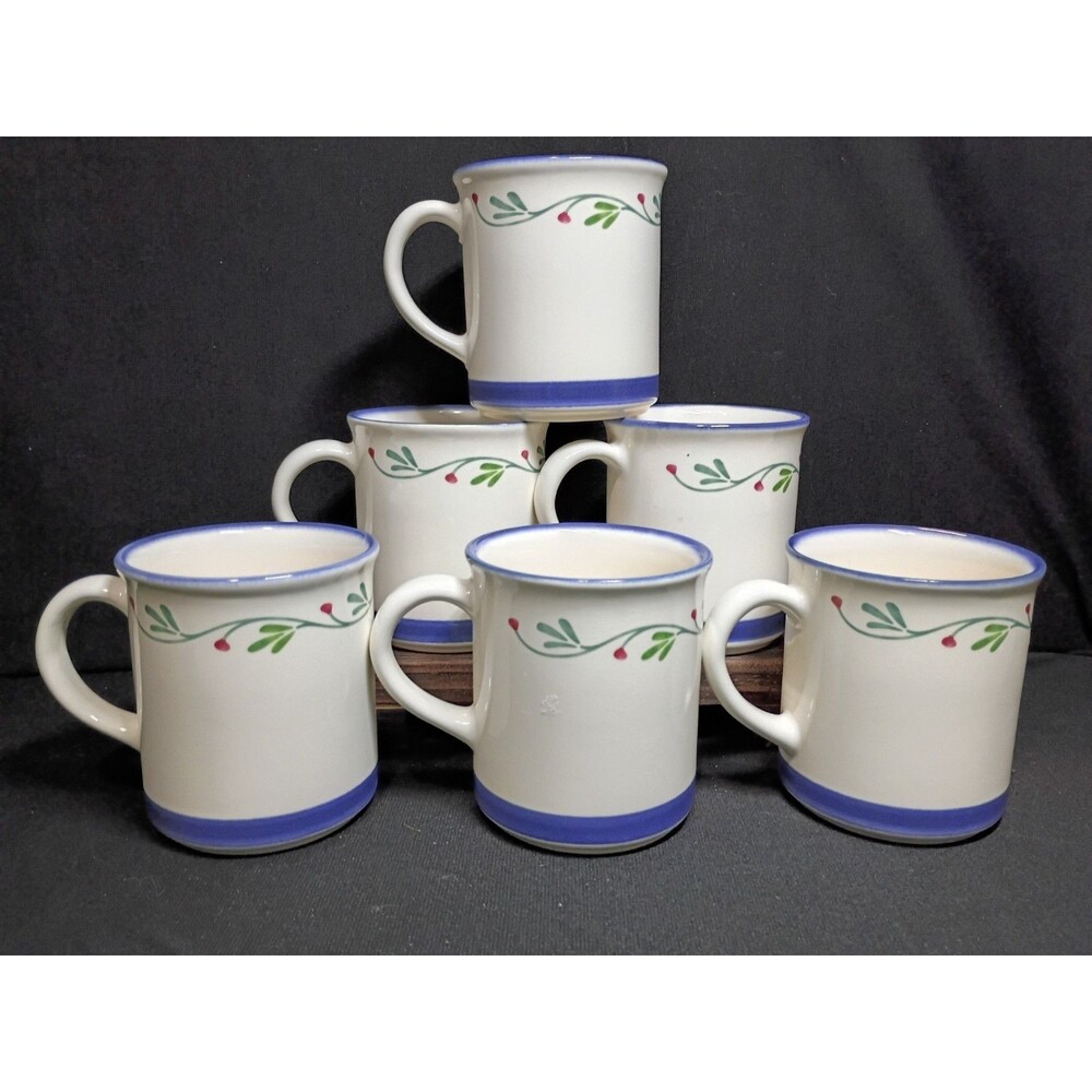 Pfaltzgraff Wyngate Floral Coffee Mugs Set of 6 Blue Green Berry Stoneware